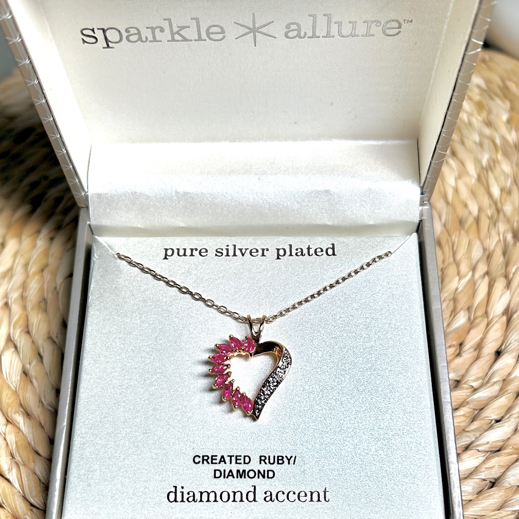 Vintage Ruby Heart Necklace, Gold Vermeil Over Sterling Silver With Diamond Chip